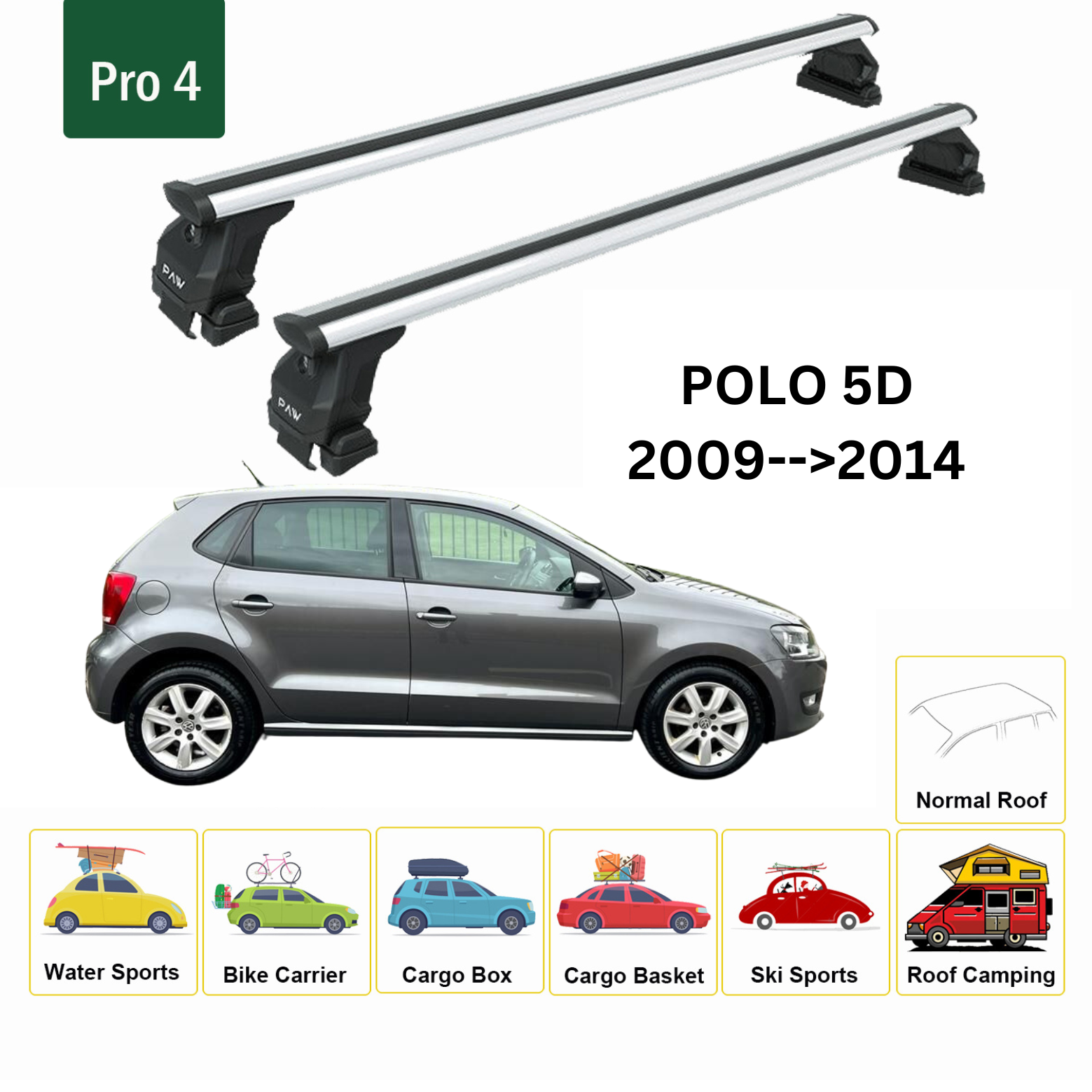 For Volkswagen Polo 5D 2009-2014 Roof Rack Cross Bar Metal Bracket Normal Roof Alu Silver For Volkswagen Polo 5D 2009-2014 Roof Rack Cross Bar Metal Bracket Normal Roof Alu Silver
